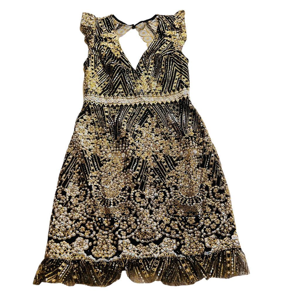 Hello Molly Dress Size XS Match Me Embellished Ruffle Open Back Black Gold - Picture 8 of 13